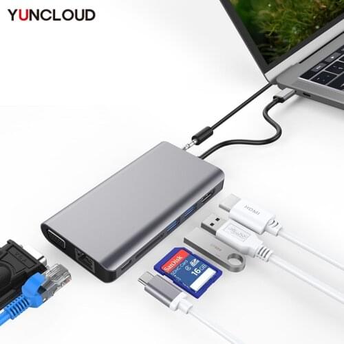 YUNCLOUD Laptop Docking Station USB C to HDMI 4K VGA 1080P RJ45 Ethernet USB 3.0 HUB for MacBook Samsung S9 S8 Huawei P20 Pro