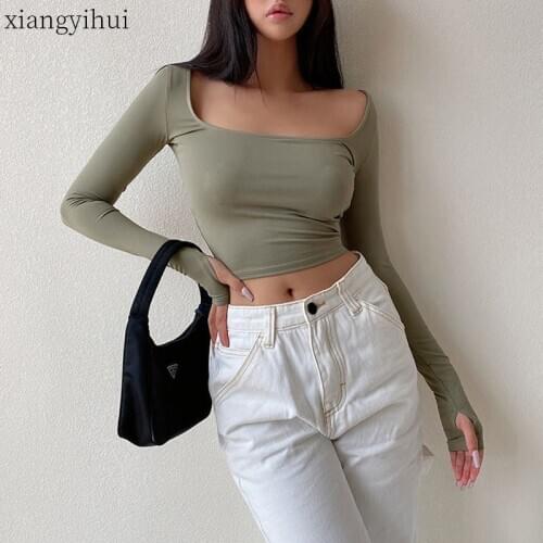 Skinny T-shirt Women Sexy Basic Crop Top 2020 Spring Autumn Fashion Square Collar Long Sleeves T shirt Tops Womens Clothing