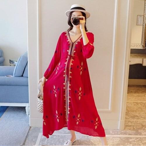 Women Long Dresses 2019 Summer Pregnant Vintage Sexy V Neck Long Sleeve Fashion Embroidery Maternity dresses Plus Size Vestido