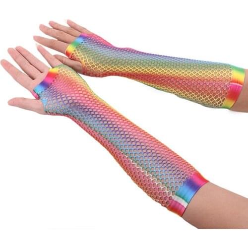 Womens Girls Hollow Out Holes Gloves Rainbow Printed Fingerless Mesh Net Fishnet