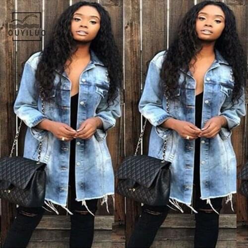 Lapel Washed Denim Coat Long Bag Hip Jacket Ripped Hole Slim Jacket Autumn Fashion Sexy Hot New Vintage Light Blue Womens Coat