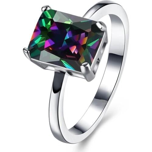 Silver Color 8*11mm Mystic Rainbow Engagement Rings For Women AAA+ colorful Natural Stone CZ Wedding Finger Ring Jewelry