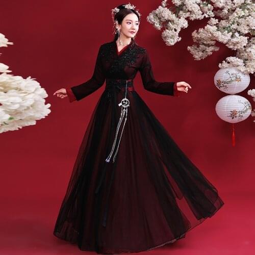 2021 Original Ancient Style Improved Hanfu Female Black Elegant Hanfu Dress Chinese Folk Dance Costumes Performance Clothes