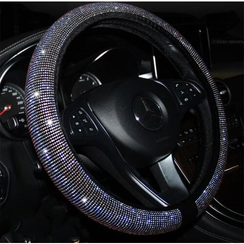 Diamond Leather Steering Wheel Cover with Bling Bling Crystal Rhinestones, Universal Fit 15 Inch Car Wheel Protector for Girls