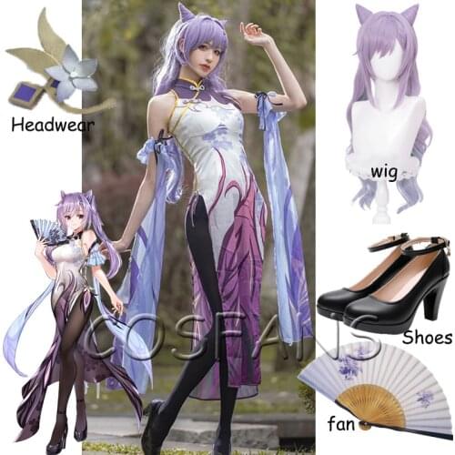 Anime Genshin Impact Keqing Game Suit Purple Lovely Dress Gorgeous Uniform Cosplay Costume Halloween Outfit Wig shoes and fan