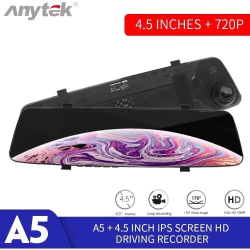 Anytek A5+ Car DVR Camera Full HD 1080P Rearview Mirror Dashcam Recorder Ultra HD Night Vision Effect 4.5 Inch IPS Screen Black