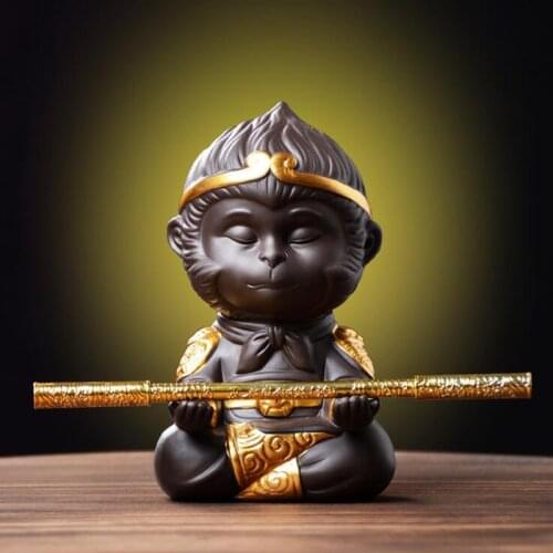 Chinese Purple Clay Kung Fu Tea Set Monkey King Tray Decoration Tea Tray Sun Wukong Statues Sculptures Home Decoration Crafts