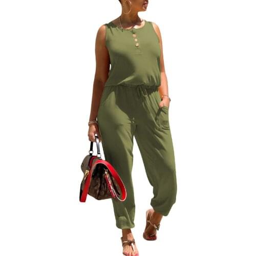 Women Jumpsuit Sleeveless Solid Color Button Design Outfit Drawing Straps Elastic Waist Band Wild Fashion Bodysuit Romper