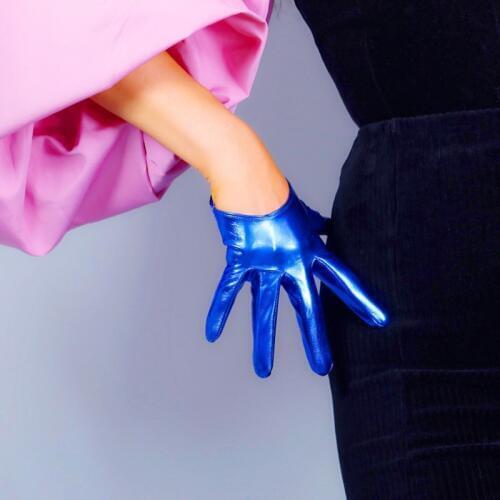 LATEX SHORT GLOVES Faux Shine Patent Leather 5" 13cm Royal Cobalt Classic Blue Women Leather Gloves WPU266