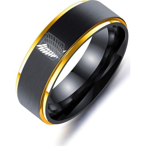 MOREDEAR 8MM Attack on Titan Black sliver Stainless Steel Ring Wings Of Liberty Flag Finger Rings For Men Women Jewelry Ani