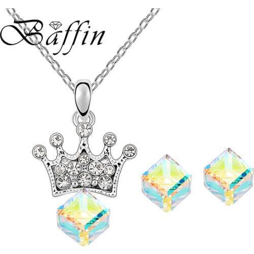 BAFFIN Cubic Square Jewelry Sets Genuine Crystals From Swarovski Fashion Crown Pendant Necklace Piercing Earrings For Women
