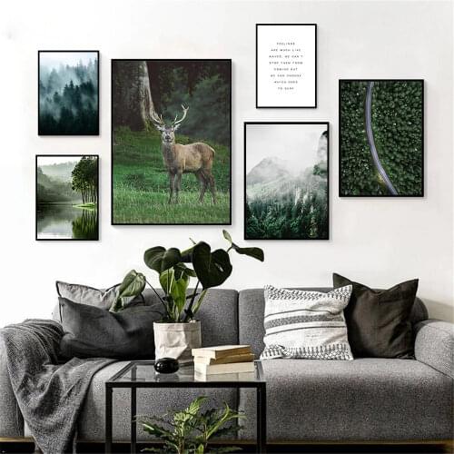 Lake Mountain Landscape Wall Art Print Deer Painting Fog Forest Canvas Poster Road Travel Prints Nordic Wall Pictures Home Decor