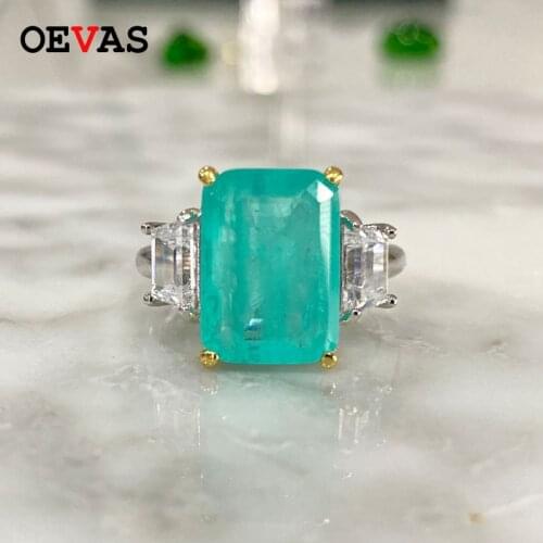OEVAS 100% 925 Sterling Silver 10*14MM Synthesis Paraiba Tourmaline Wedding Rings Sparkling High Carbon Diamond Fine Jewelry