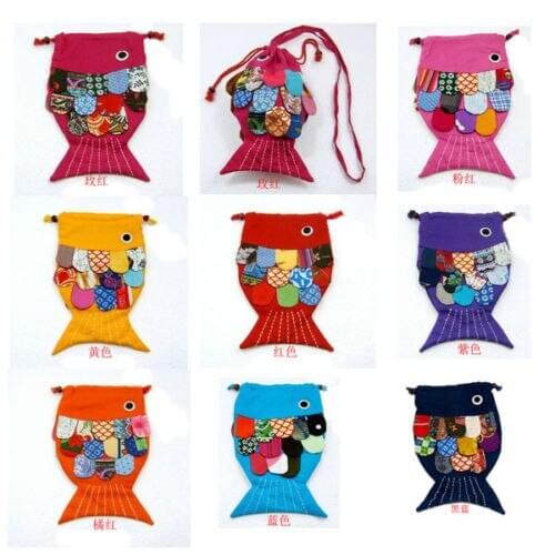 Wholesale10pcs Vintage Chinese Ethnic Retro Flax Fish Handbags Pouch Purse