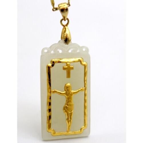 Jesus Cross Necklace Boutique 24k Glod Men Women Cross Pendant White Hetian Jade Gift Box Packaging