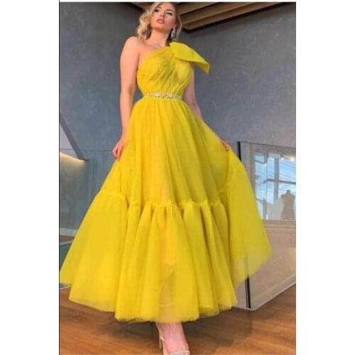 Verngo Bright Yellow Tulle A Line Prom Dresses One Shoulder Corset Evening Party Gowns Ankle Length Saudi Arabic Formal Dress
