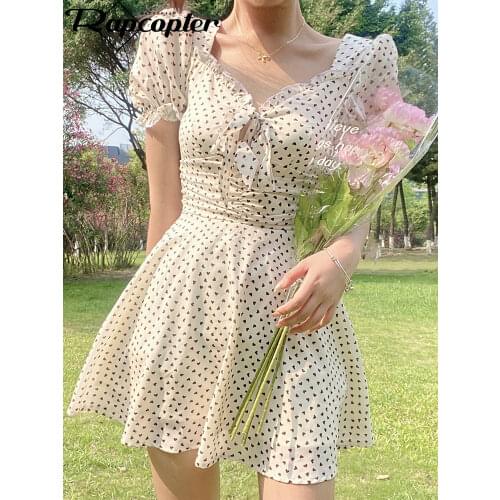 Rapcopter Cross Bandage Dress Y2K Summer Mini Dress Korean Puff Sleeve Dress Women Boho Beach Dress Vintage Square Collar Dress