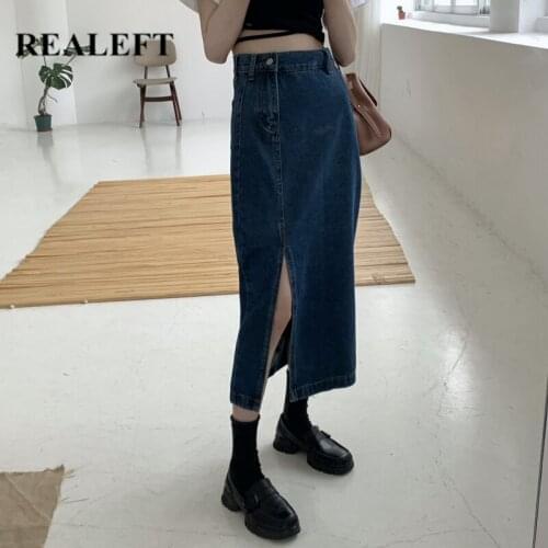REALEFT 2021 New Spring Summer Irregular Women Long Denim Skirts Vintage High Wasit Jeans Skirt Side Split A-line Skirts Female