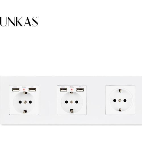 UNKAS EU Standard Plug Socket Electrical Outlet Dual USB Charging Port Crystal Glass Home Wall Power Socket 4 Gang Socket