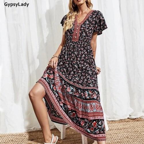 GypsyLady Floral Print Maxi Dress Vintage Boho Summer Women Dress Black Ruffles V-neck Button Front Holiday Ladies Female Dress