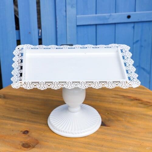 Lace edge rectangle pedestal vintage white iron tray
