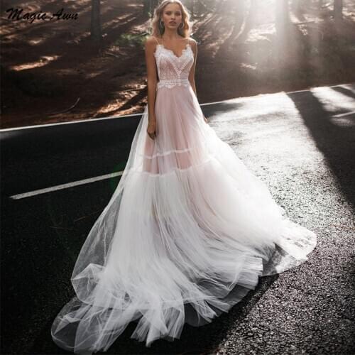 Magic Awn 2021 Pink Beach Wedding Dresses Lace Appliques Illusion Boho Backless A-Line Wedding Party Gowns For Women Vestidos