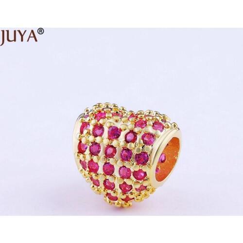 High Quality Copper Metal Pink Green CZ Rhinestone Heart Beads For Jewelry Making Big Hole Charm Beads For Bracelet Accessories