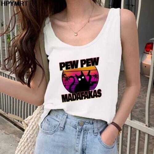Murderous Black Cat With Gun Funny White Tank Top Pew Pew Madafakas Print Womens Tee 2021 Summer Sleeveless Female Tops Clothes
