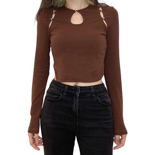 Fashion Women T-Shirt Cut Out Hollow Crop Tops Round Neck Button Connected Long Sleeves Brown Tops Spring Autumn Elegant Shirt