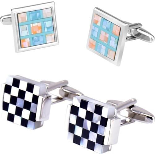 10pairs/lot Colorful Pearl Sea Shell Cufflinks White-black Grid Seashell Cuff Link Mens Jewelry Accessory Business Style