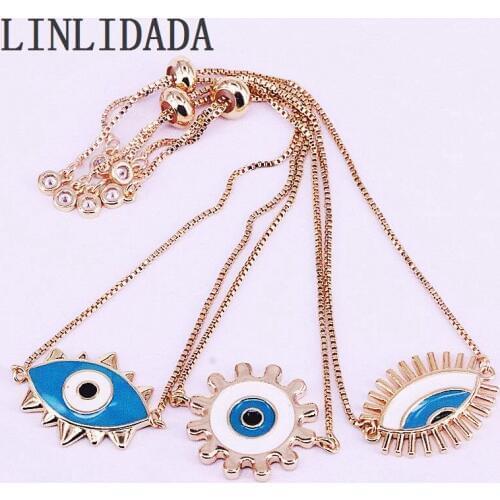 15Pcs New Fashion Charm Bracelets Adjustable Chain Blue Eye Shape Enamel Bracelet Gold Color For Women Jewelry