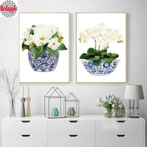 White Orchid Magnolia Chinoiserie 5D Diamond Embroidery Full Diy Cross Stitch Diamond Painting mosaic home decoration 2 pcs