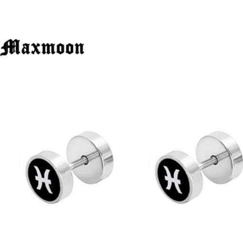 Maxmoon 2pcs Hot Punk Gothic Jewelry Stainless Steel Round Plain Mens Ear Stud Barbell Earrings Fake Ear Stretcher Plug