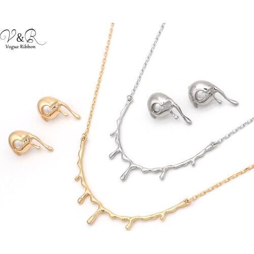 2020 New Arrival Earring & Necklace Sets Gold / Rhodium Plated Liquid Melting Metal Pendent Necklace And Earring Girls Jewelry