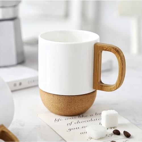 300ml European Art Bone China Tea Cup with Wooden Handle Simple Home Office Cork Coffee Mug American Ceramic Couple Cup Watercup