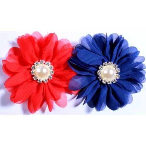 50PCS 6.5CM Cute Chiffon Fabric Flowers With Rhinestone Pearl For Girls Headbands Hair Accessories U Pick Color For Dress