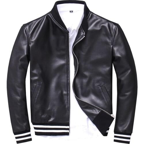 Free shipping.drop-ship.sales.quality men black baseball leather jacket.New Zealand sheepskin coat.fashion slim leather clothes