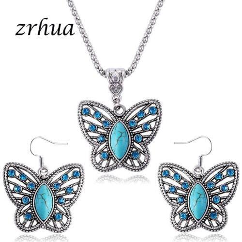 ZRHUA Free Shipping Fashion full Rhinestone Butterfly Retro Earrings and Necklace Jewelry Set Wholesale for Women Birthday Gifts