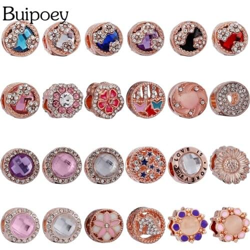 Buipoey New Rose Gold Round Beaded Charm Fit Brand Bracelets Bangle Shiny Rhinestone Flowers Unicorn Jewelry Accessory Beads
