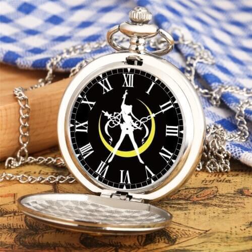Unique Sailor Moon Black Dial Silver Quartz Pocket Watch Retro Pendant Clock Gifts Students Girls Sweater Chain Necklace Watch