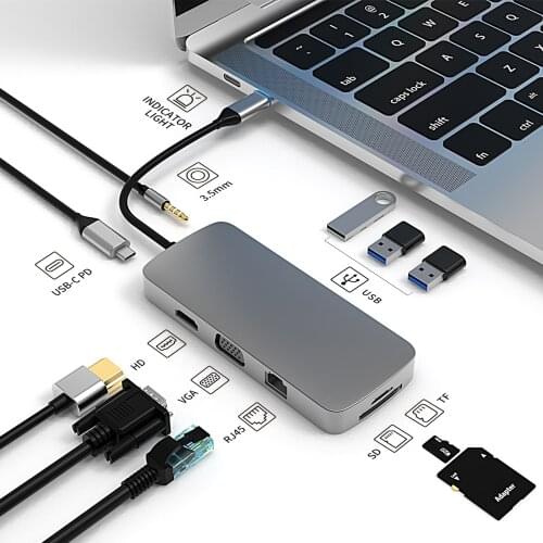 USB C HUB Type C To 4K HDMI-compatible RJ45 VGA USB SD/TD Card Reader PD Fast Charge 10 in 1 Docking Station For Macbook Pro