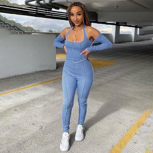 DSMTRC Womens Jumpsuit Overlock Bodycon Sportswear Fashion Backless One Piece Outfit Halter Bandage Ribbed Long Sleeve Rompers