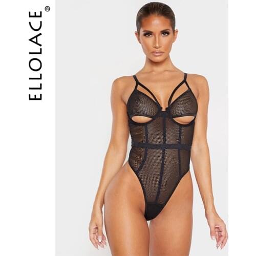 Ellolace Hollow Out Bodysuit Sexy Body Women Mesh See Through Bodycon Overalls Sleeveless Fitness Rompers Backless New Bodysuits