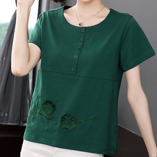 Embroidery Floral T-Shirt Cotton Plus Size Tshirt Female Button T Shirt Women 2021 Summer Short Sleeve Tees Ladies Tops Femme