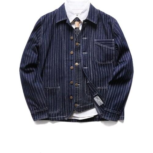 Amekaji Tooling Railway Locomotive Stripe Jacket Outdoor Camping Labor Cargo Climbing Trekking Primary Color Denim Shirts Tops