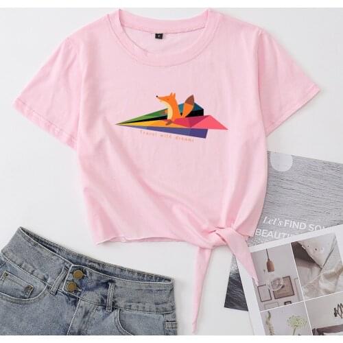 Fox on Paper Airplane Travel with Dreams Womens Summer Short-sleeve Cotton T-shirt Cropped Tops Graphic Tee with Front Knot