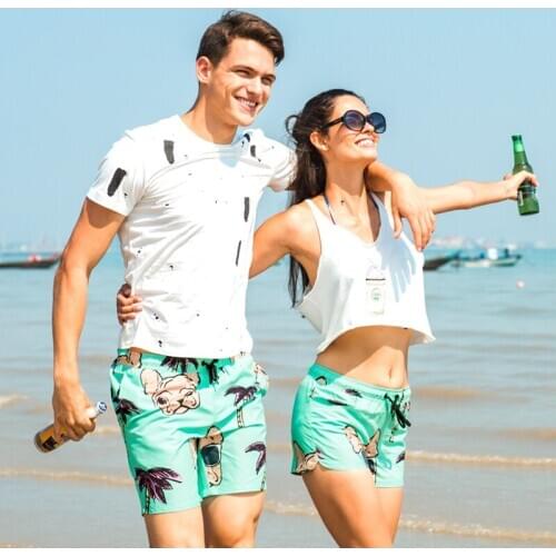 WD896 trend cartoon dog coconut tree print swimwear men couples vacation beach board surf shorts briefs women men swimsuit sunga