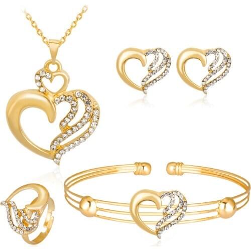HC Classic Gold Color Girl Party Jewelry Sets Heart Crystal 4 Pcs Necklace Bracelet Rings Kids Jewelry Set Childrens Day Gift T