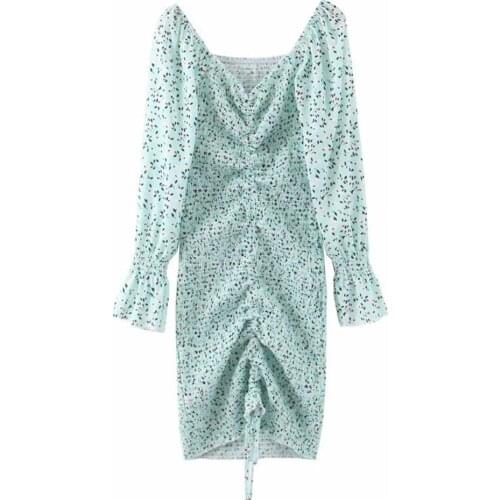 New Women Dress V-Neck Print Long Sleeve Dress Summer Package Hips Drawstring Slim Mid Long Party Dresses Sexy Backless Clothes