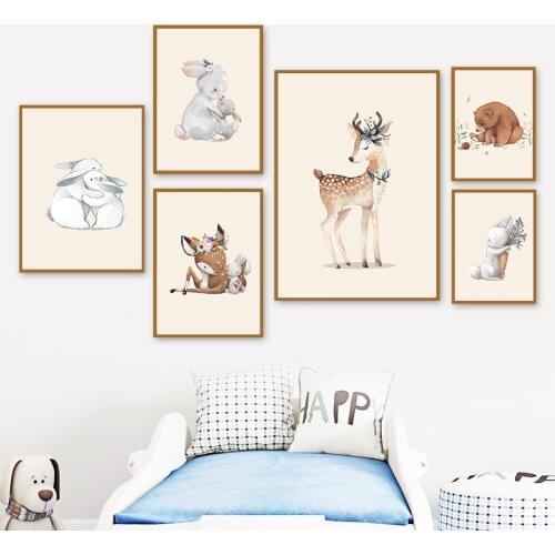 Deer Fox Rabbit Hedgehog Squirrel Bear Animals Wall Art Canvas Painting Nordic Posters And Prints Wall Pictures Kids Room Decor